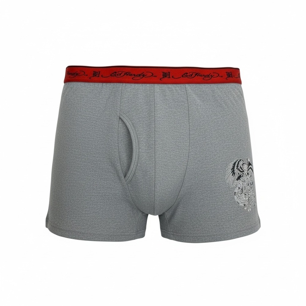 Ed Hardy Mens Gray Tattoo Graphic Boxer Briefs Red Logo Waistband XL